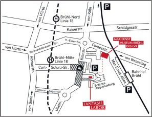 Ein Lageplan des Museum mit seiner Umgebung: Das Museum befindet sich in der Innenstadt von Brühl in der Nähe des Schlosses und des Brühler Bahnhofs