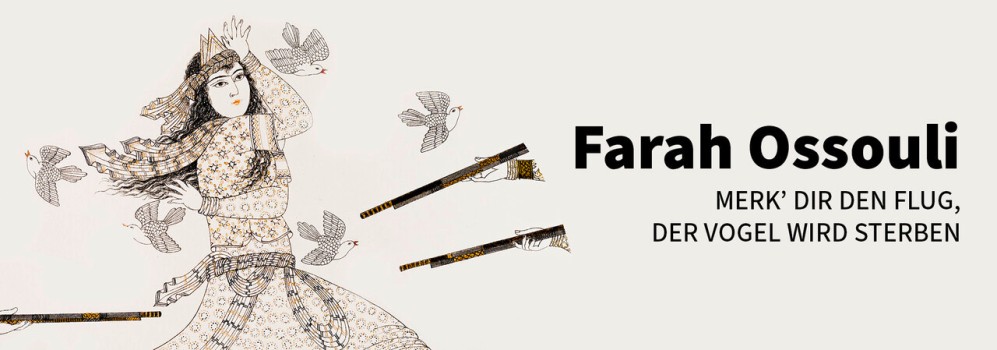 Keyvisual Farah Ossouli Merk´ dir den Flug, der Vogel wird sterben Eine weibliche Figur, die von Gewehren bedroht wird